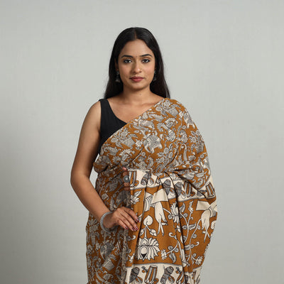 Brown - Kalamkari Print Cotton Saree with Blouse 16