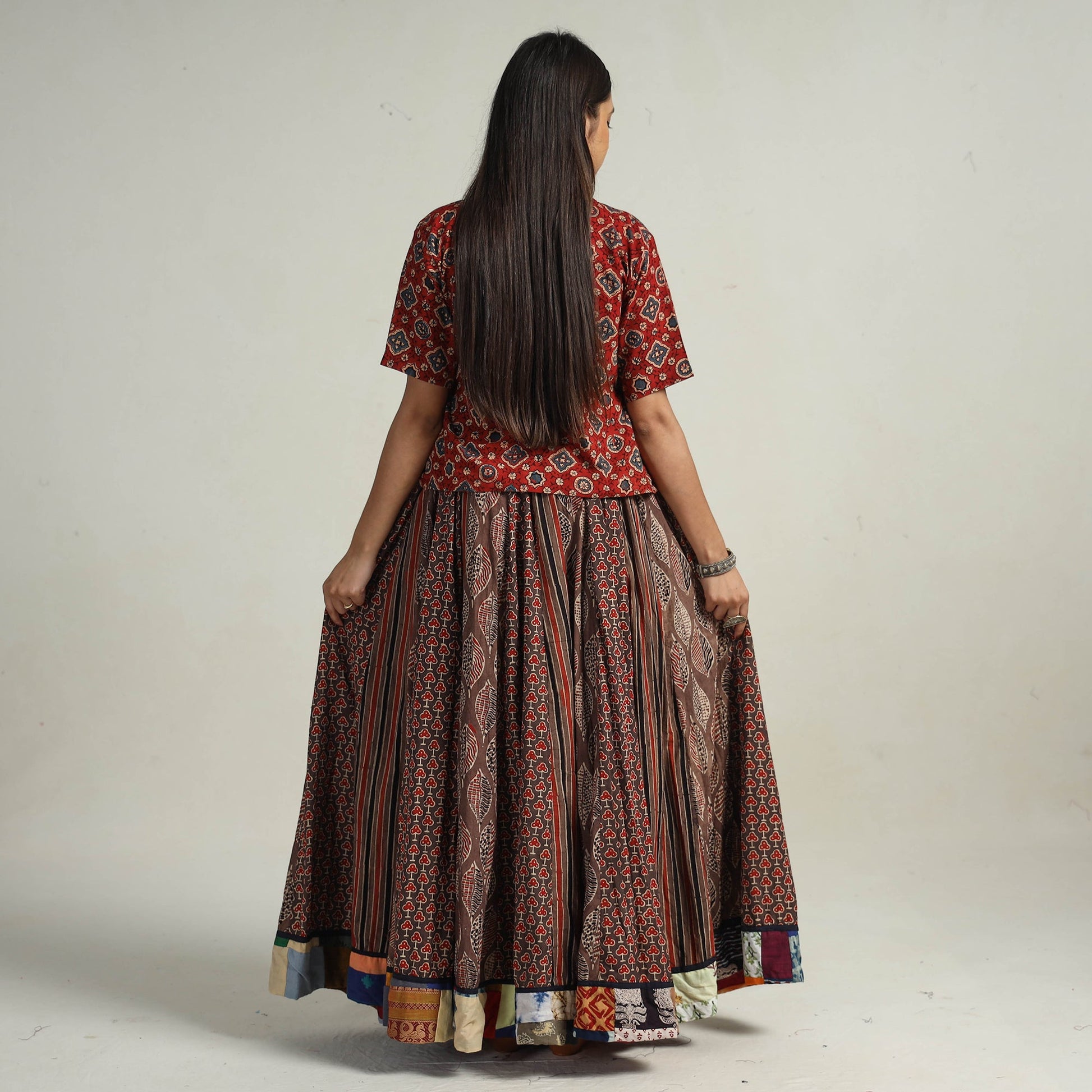 Brown - Kutch Block Printed 24 Kali Cotton Long Skirt 19