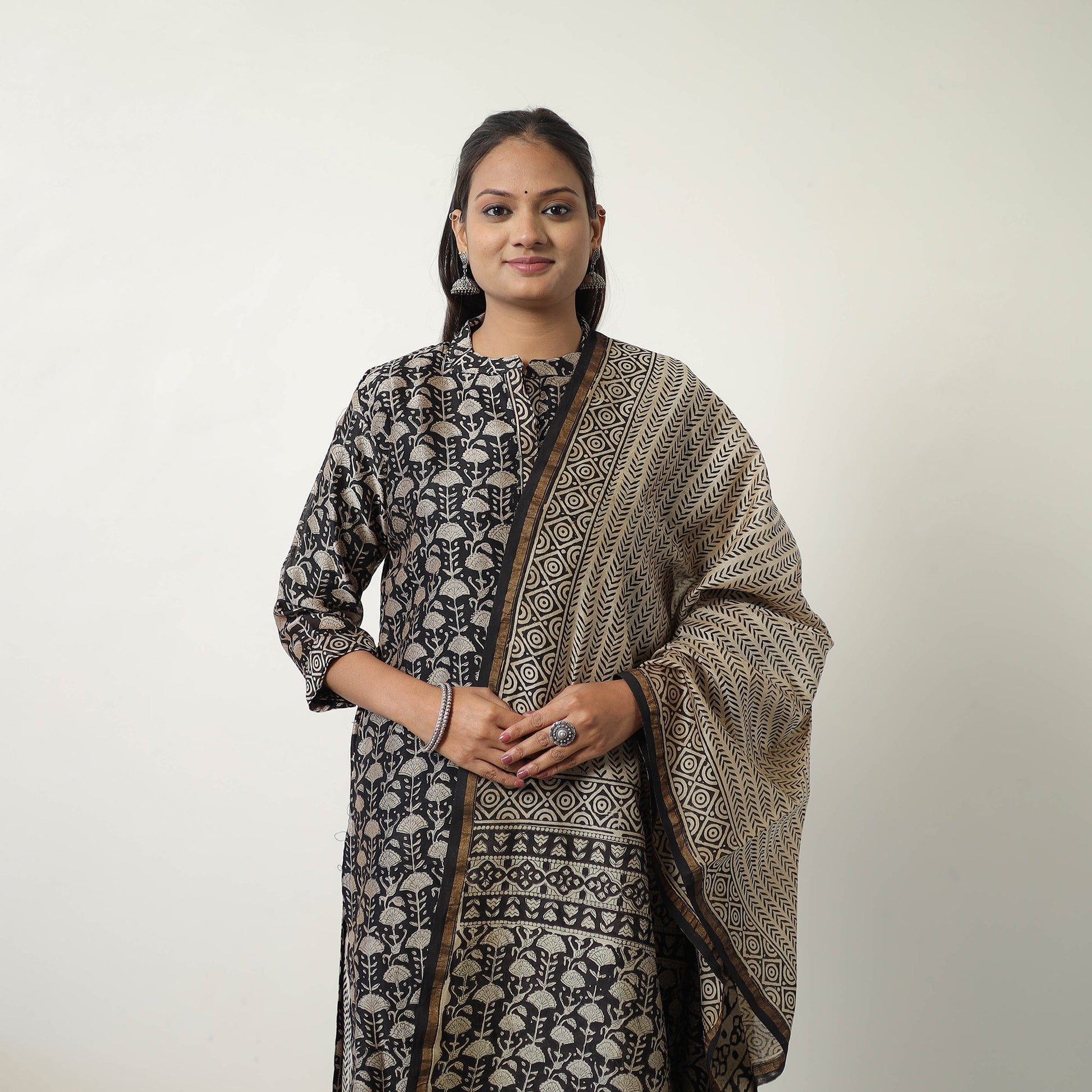 Black - Chanderi Silk Hand Block Bagru Print Kurta Set 07