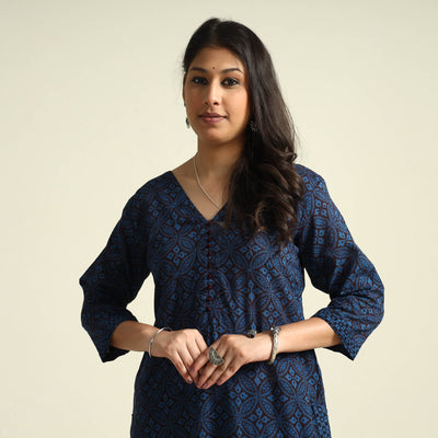 Blue - Bagh Block Printed Cotton Kurta with Palazzo Set