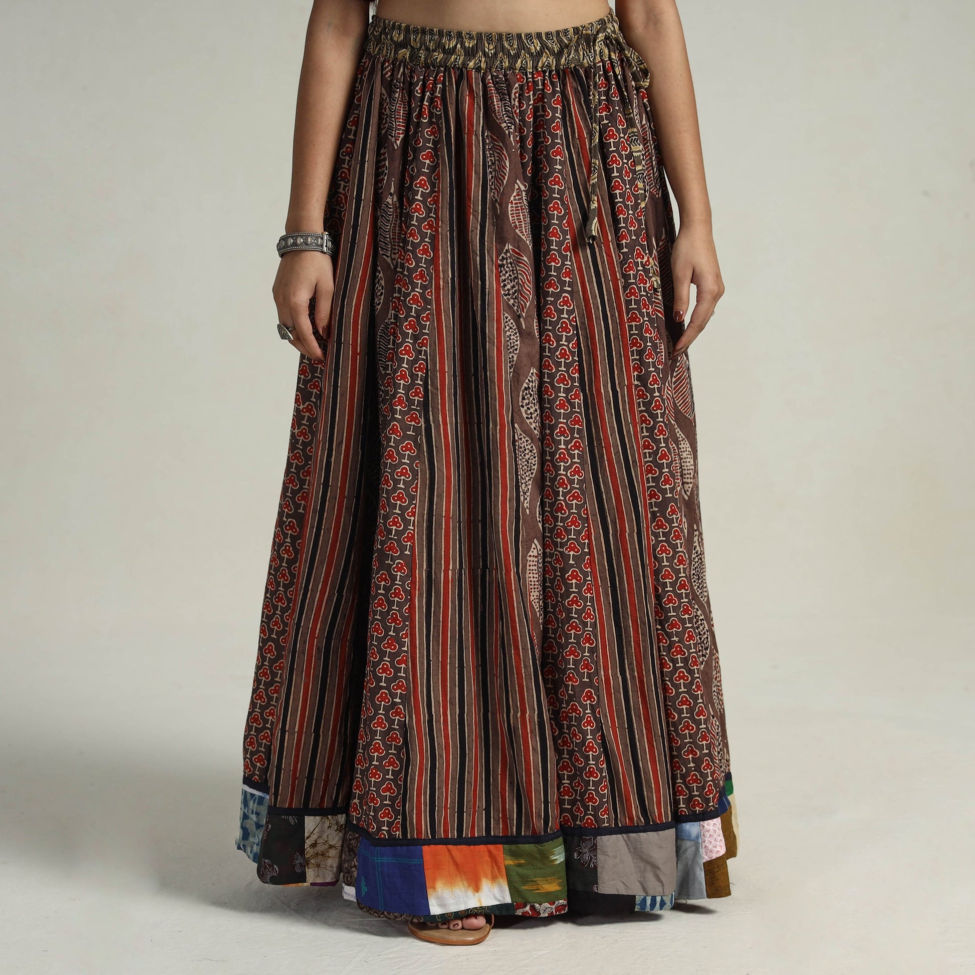 Brown - Kutch Block Printed 24 Kali Cotton Long Skirt 19
