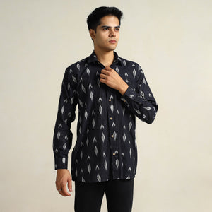 Black - Pochampally Ikat Weave Cotton Men Full Sleeve Shirt 30