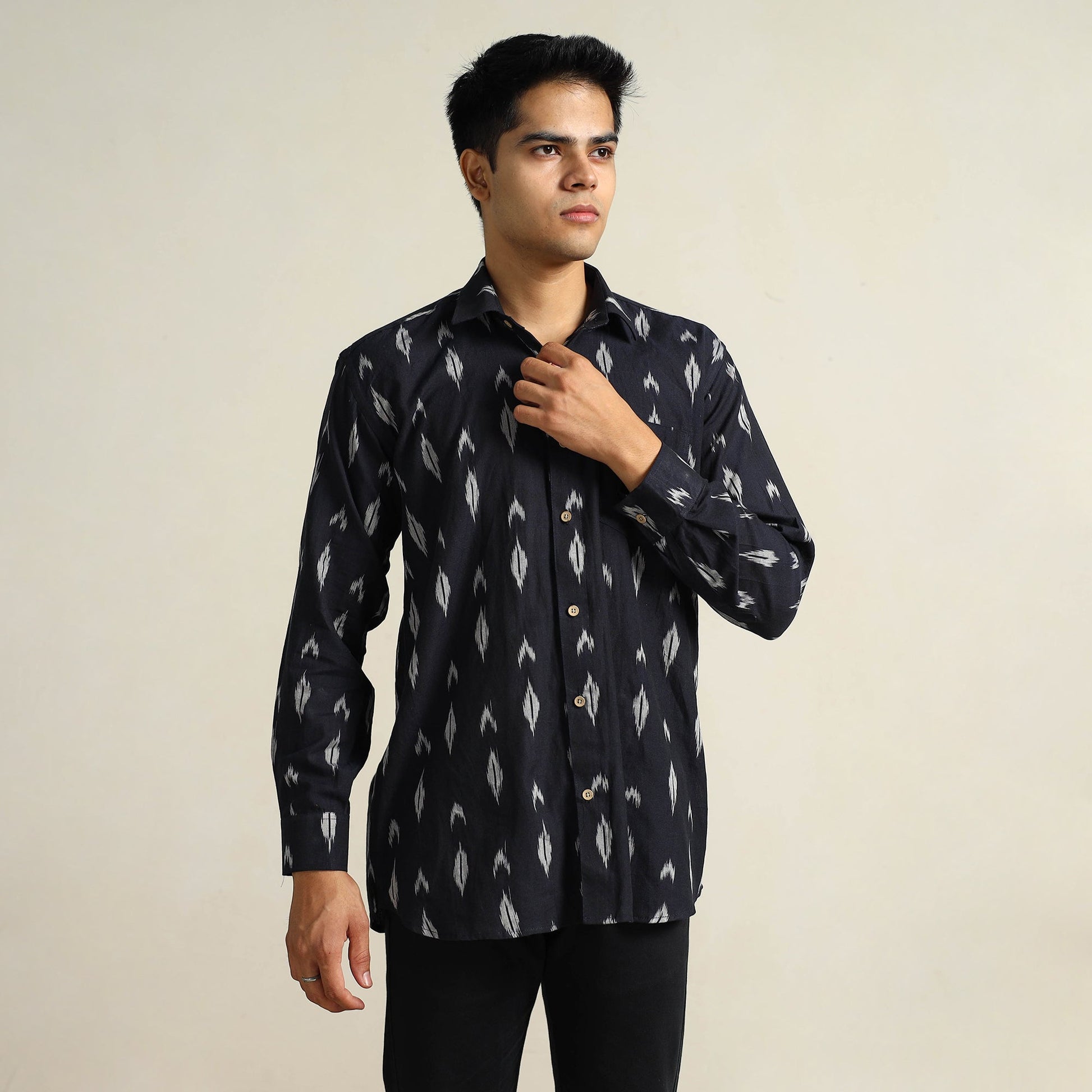 Black - Pochampally Ikat Weave Cotton Men Full Sleeve Shirt 30
