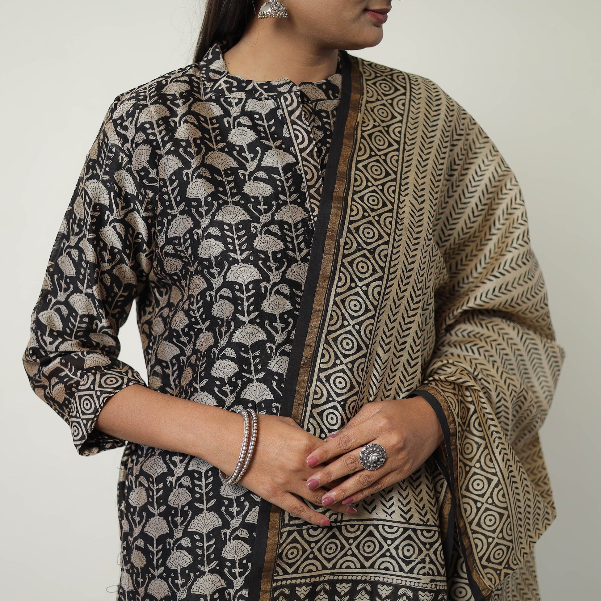 Black - Chanderi Silk Hand Block Bagru Print Kurta Set 07