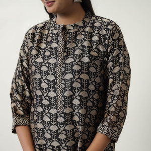Black - Chanderi Silk Hand Block Bagru Print Kurta Set 07
