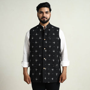 Black - Pochampally Double Ikat Handloom Cotton Men Nehru Jacket 04
