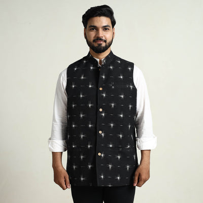 Black - Pochampally Double Ikat Handloom Cotton Men Nehru Jacket 04