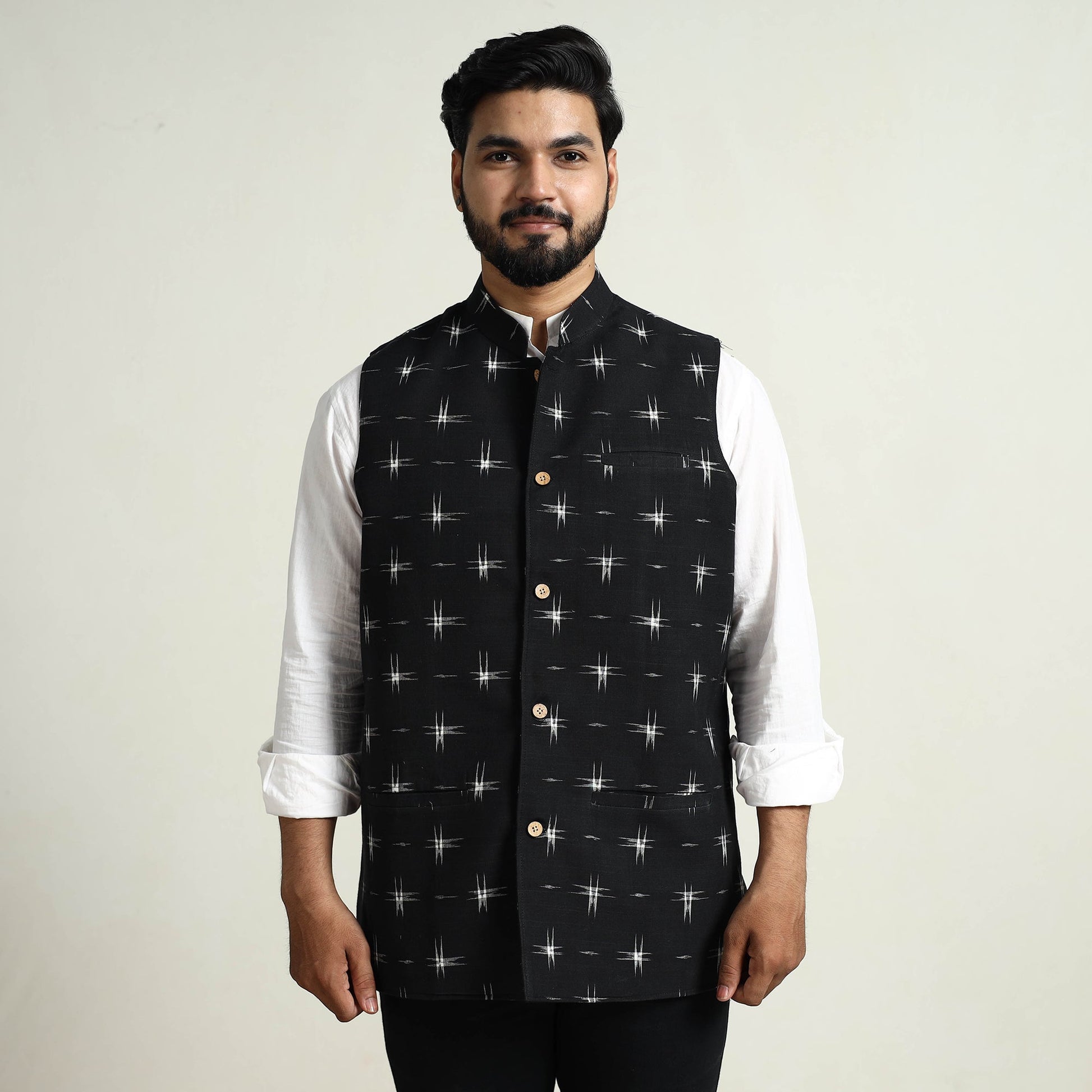 Black - Pochampally Double Ikat Handloom Cotton Men Nehru Jacket 04