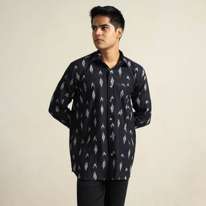 Black - Pochampally Ikat Weave Cotton Men Full Sleeve Shirt 30