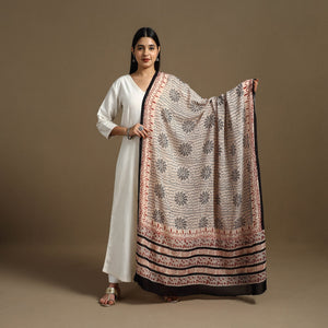 Beige - Block Print Mul Cotton Bagru Dupatta 09