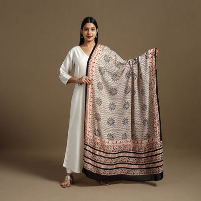 Beige - Block Print Mul Cotton Bagru Dupatta 09