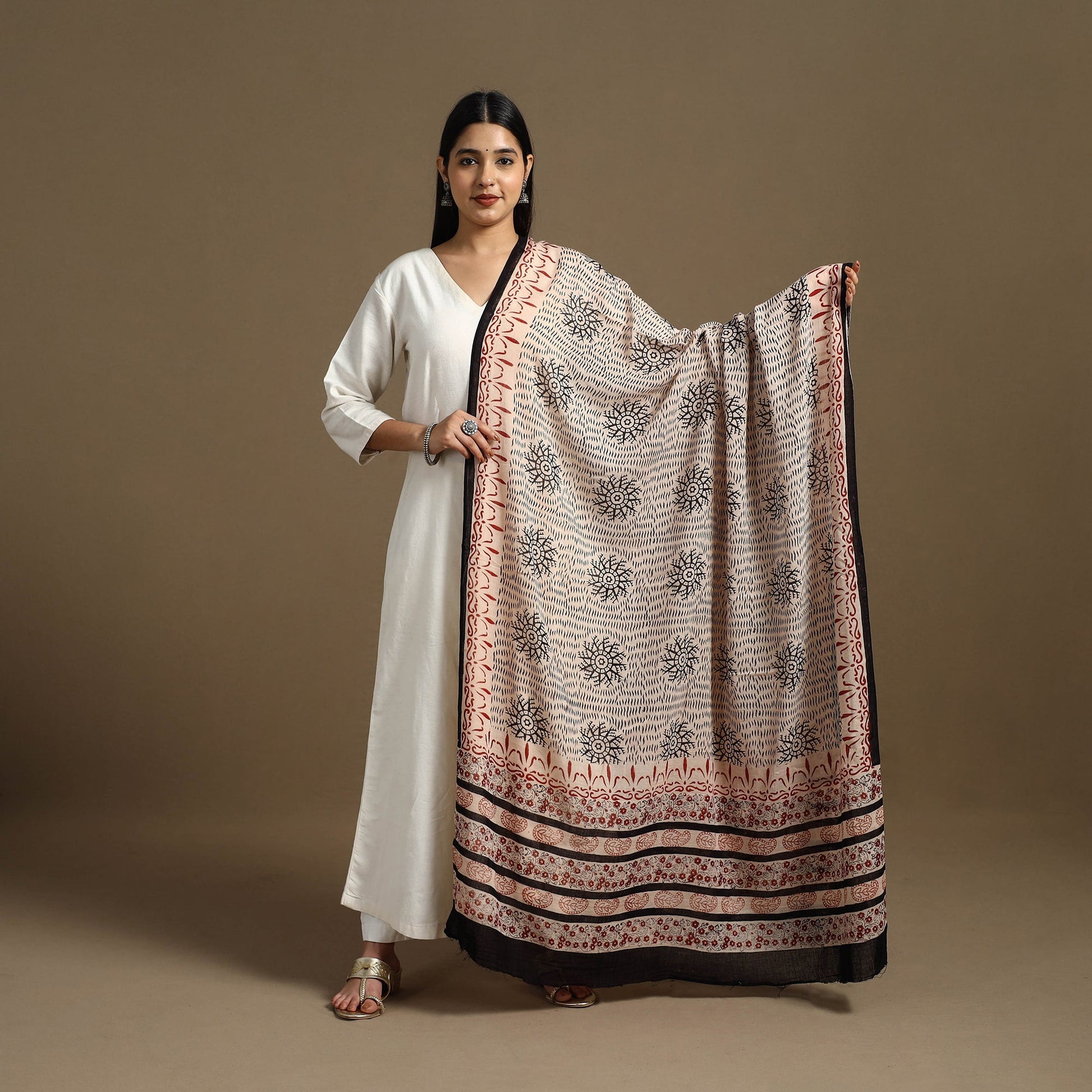 Beige - Block Print Mul Cotton Bagru Dupatta 09