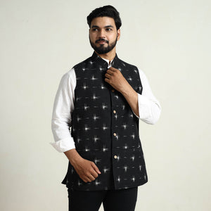 Black - Pochampally Double Ikat Handloom Cotton Men Nehru Jacket 04