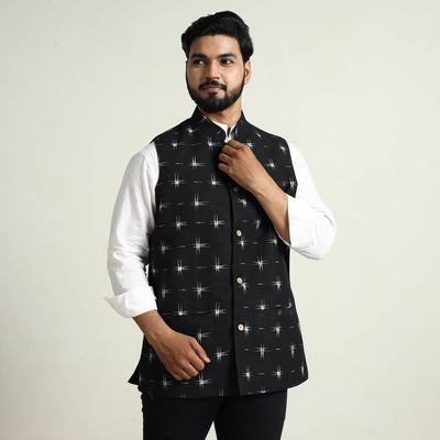 Black - Pochampally Double Ikat Handloom Cotton Men Nehru Jacket 04