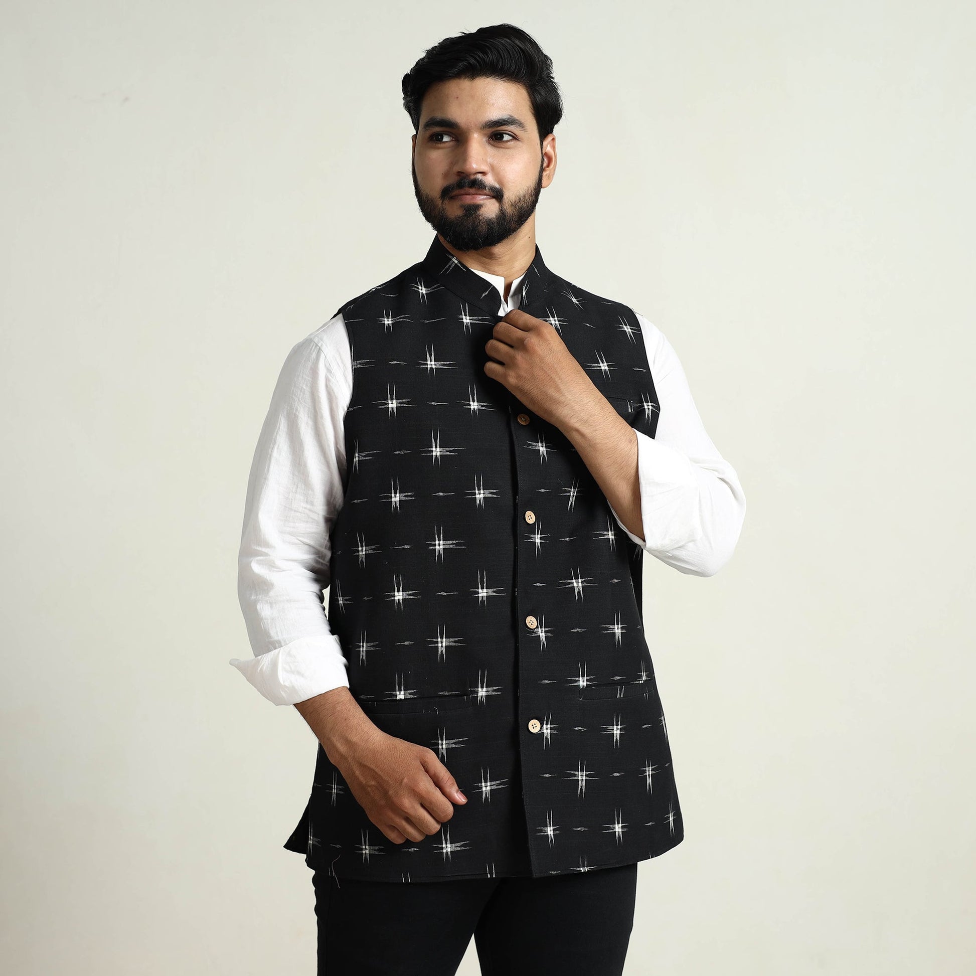 Black - Pochampally Double Ikat Handloom Cotton Men Nehru Jacket 04