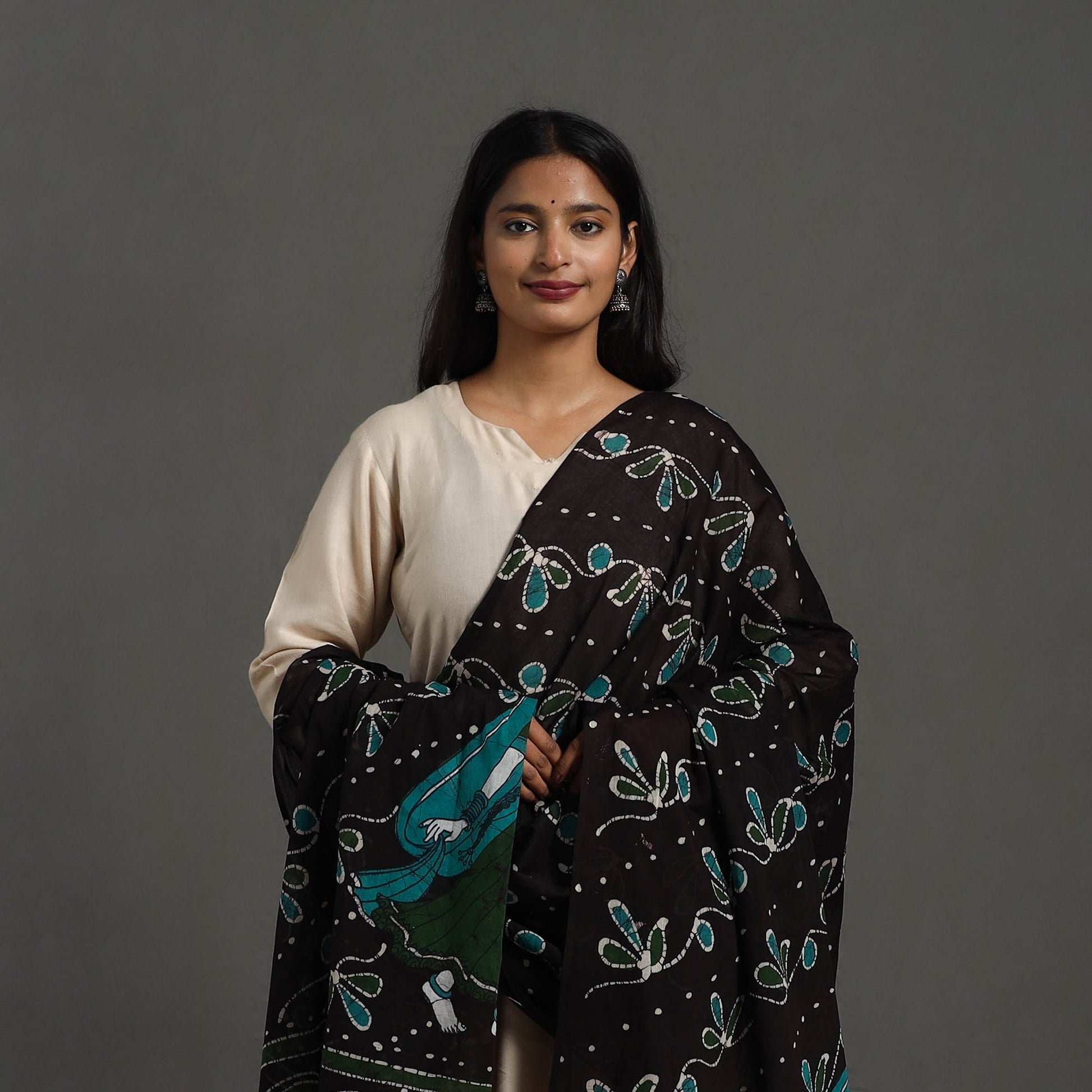 Black - Cotton Hand Batik Print Dupatta 46