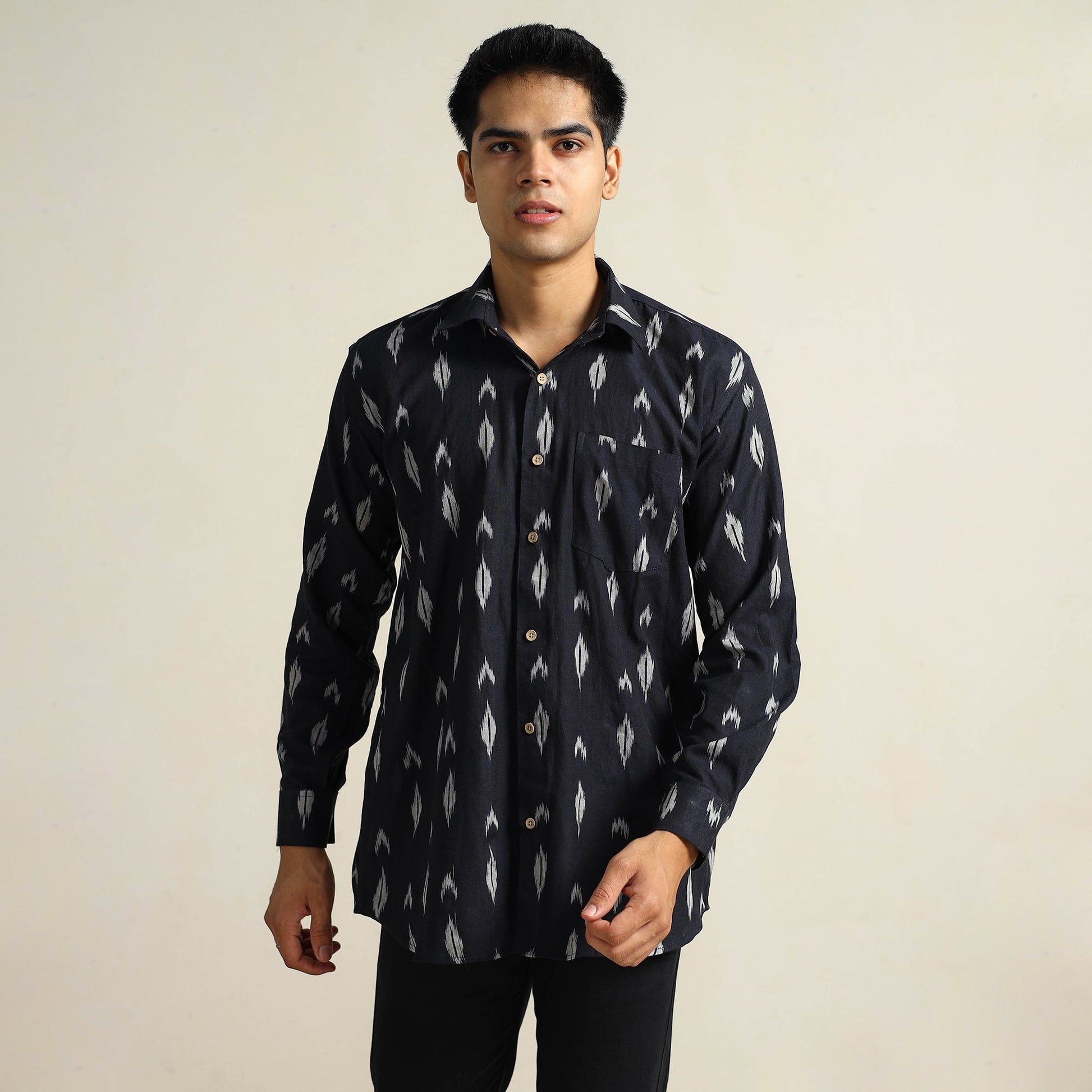 Black - Pochampally Ikat Weave Cotton Men Full Sleeve Shirt 30