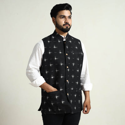 Black - Pochampally Double Ikat Handloom Cotton Men Nehru Jacket 04