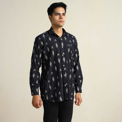 Black - Pochampally Ikat Weave Cotton Men Full Sleeve Shirt 30