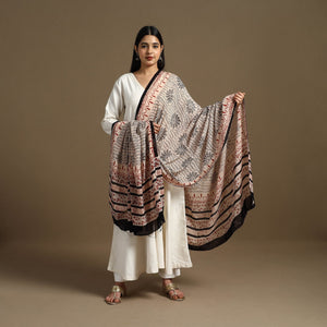 Beige - Block Print Mul Cotton Bagru Dupatta 09