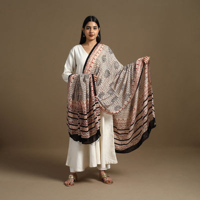 Beige - Block Print Mul Cotton Bagru Dupatta 09