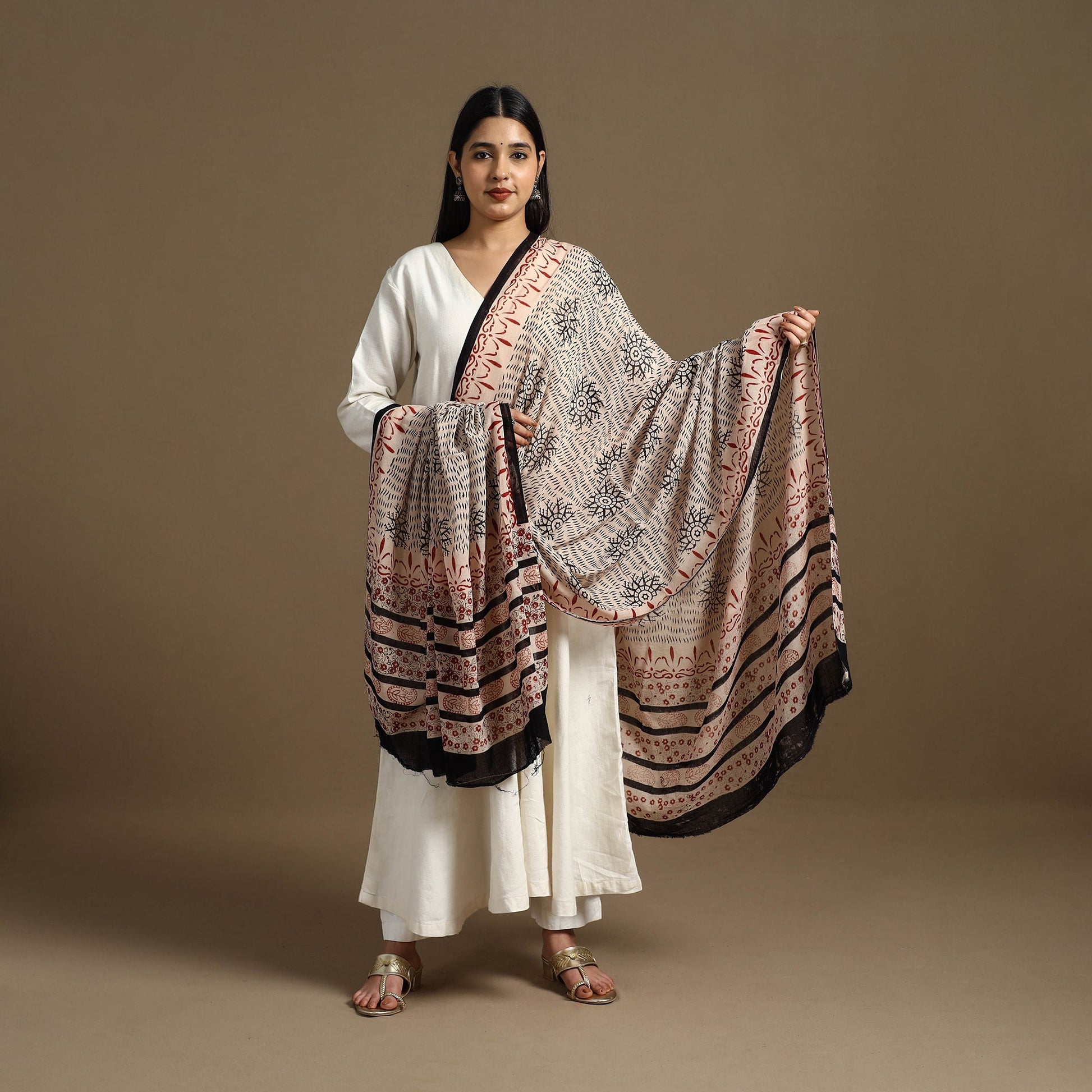 Beige - Block Print Mul Cotton Bagru Dupatta 09