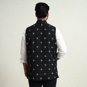 Black - Pochampally Double Ikat Handloom Cotton Men Nehru Jacket 04