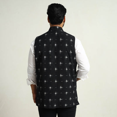 Black - Pochampally Double Ikat Handloom Cotton Men Nehru Jacket 04