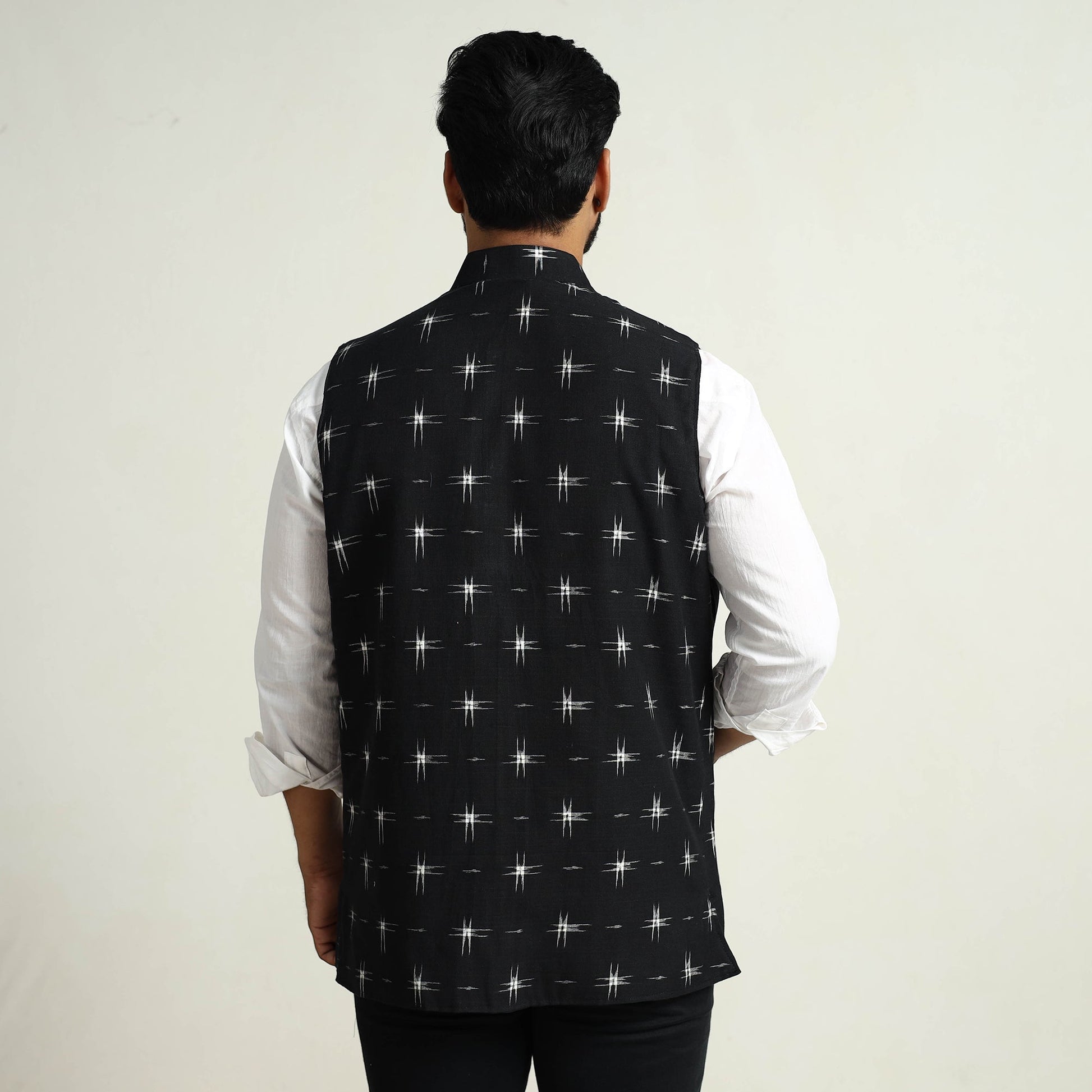 Black - Pochampally Double Ikat Handloom Cotton Men Nehru Jacket 04