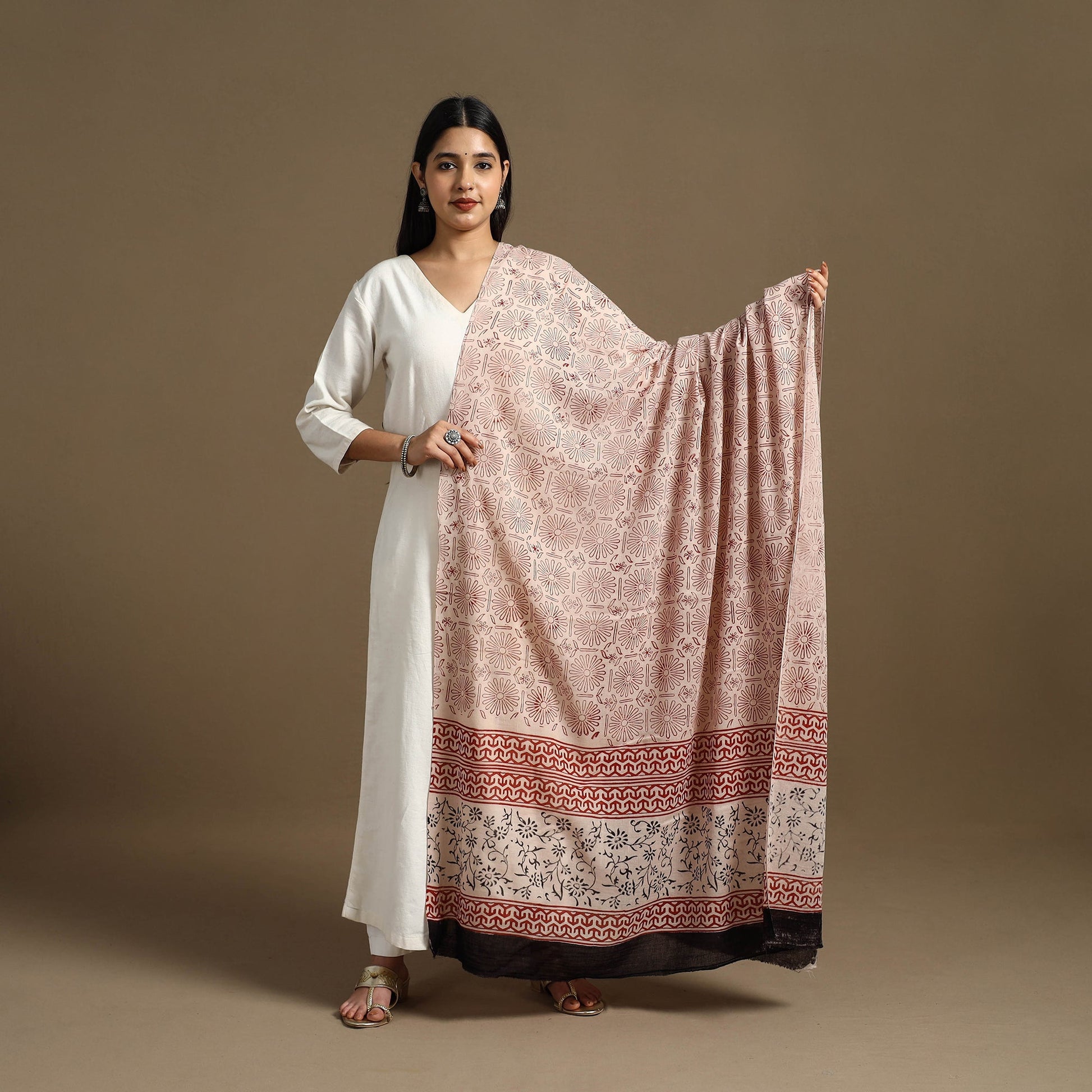Beige - Block Print Mul Cotton Bagru Dupatta 10