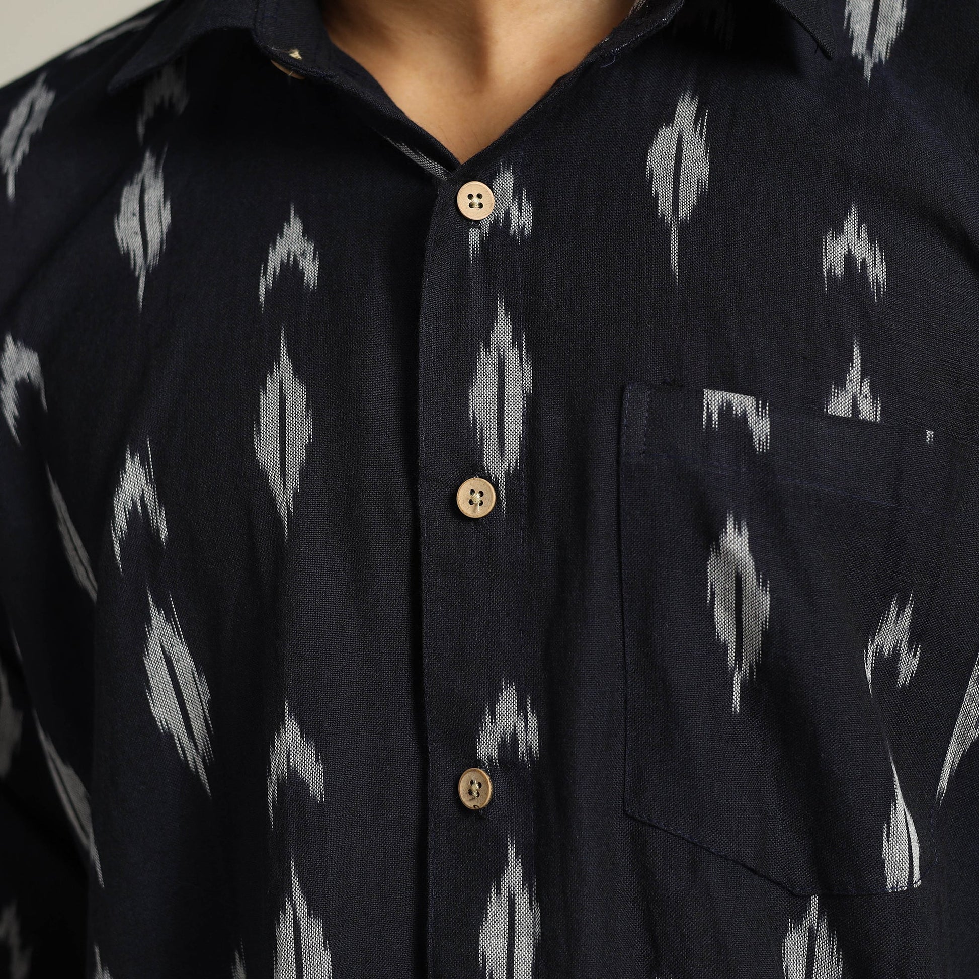 Black - Pochampally Ikat Weave Cotton Men Full Sleeve Shirt 30