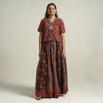Brown - Ajrakh Block Printed 24 Kali Patchwork Cotton Long Skirt 06