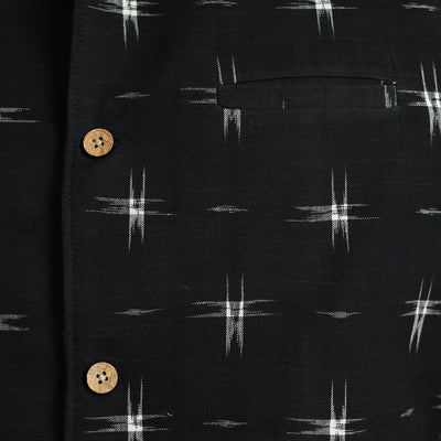 Black - Pochampally Double Ikat Handloom Cotton Men Nehru Jacket 04