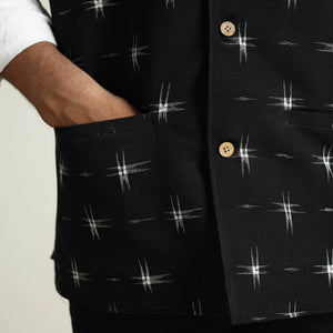Black - Pochampally Double Ikat Handloom Cotton Men Nehru Jacket 04