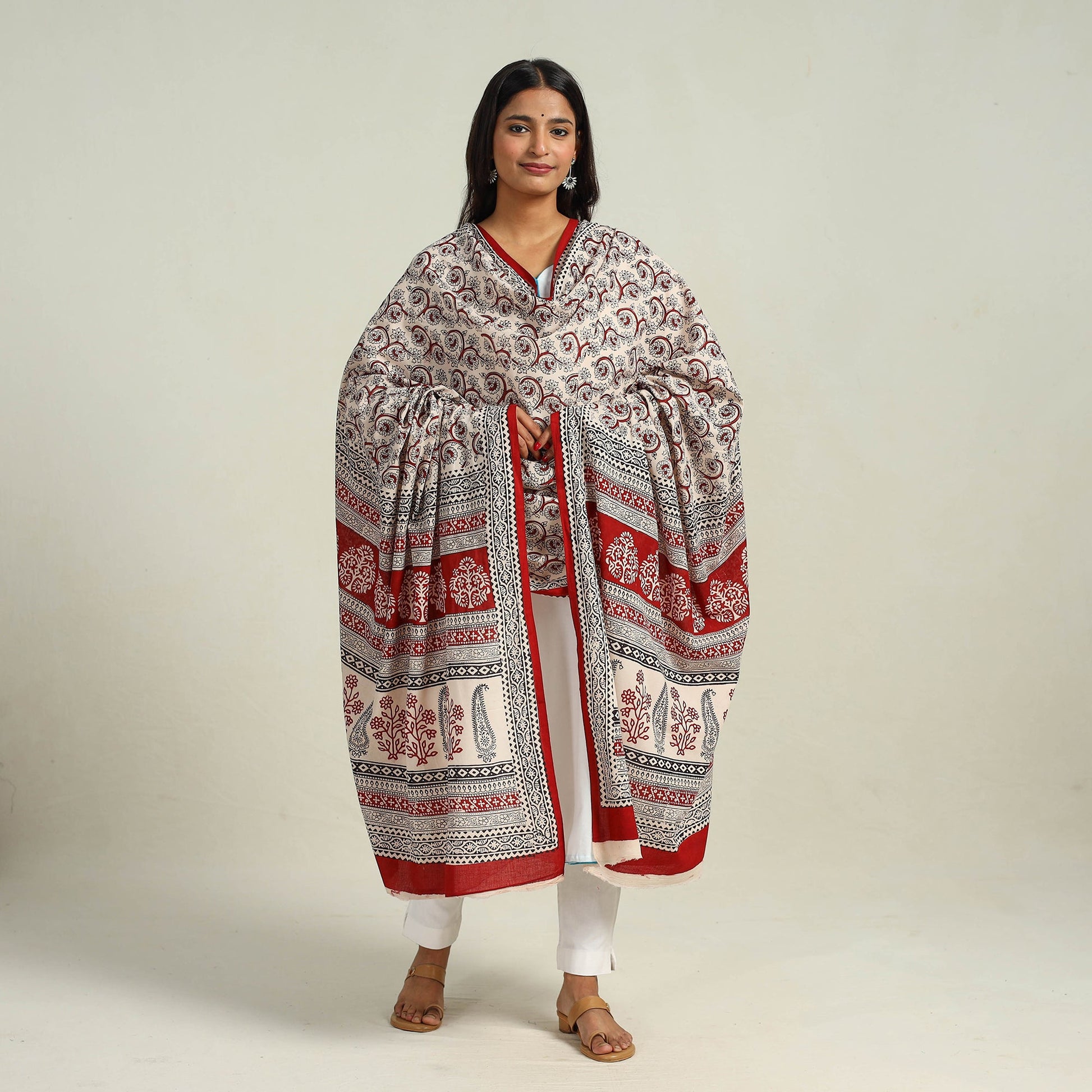 Beige - Hand Block Print Cotton Bagh Dupatta 23