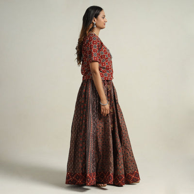 Brown - Ajrakh Block Printed 24 Kali Patchwork Cotton Long Skirt 06