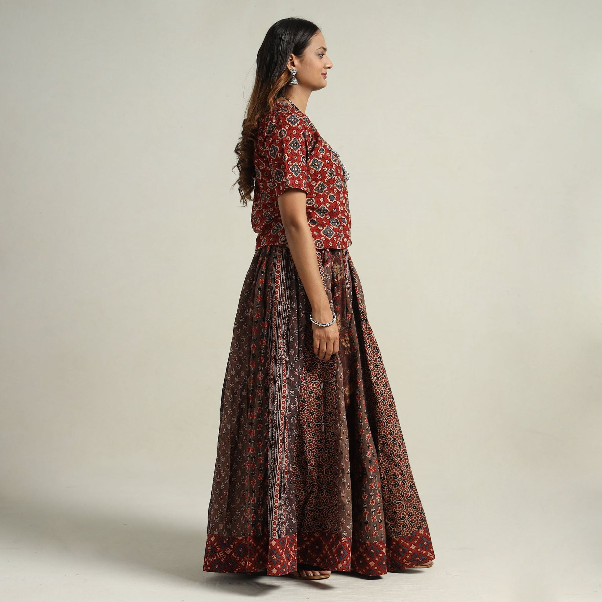 Brown - Ajrakh Block Printed 24 Kali Patchwork Cotton Long Skirt 06