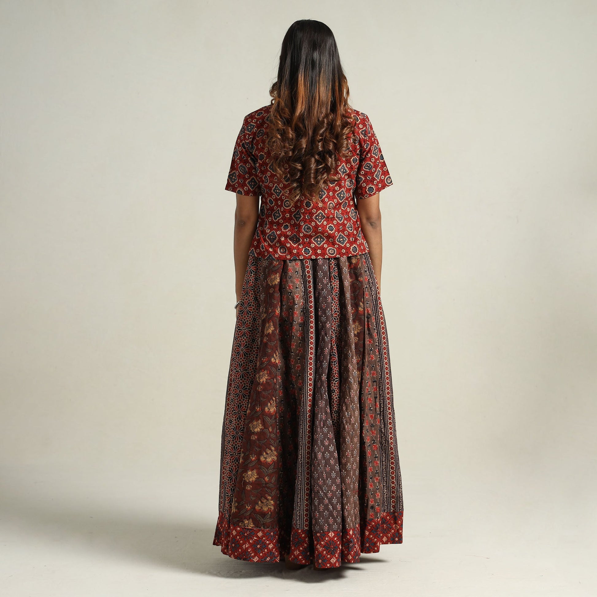 Brown - Ajrakh Block Printed 24 Kali Patchwork Cotton Long Skirt 06