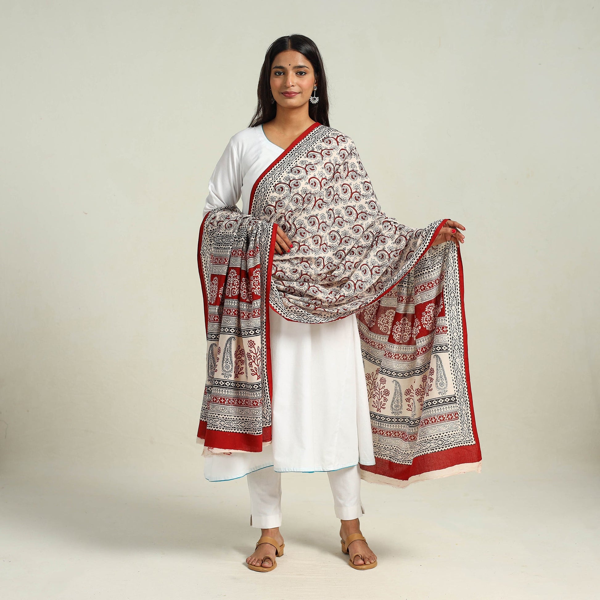 Beige - Hand Block Print Cotton Bagh Dupatta 23