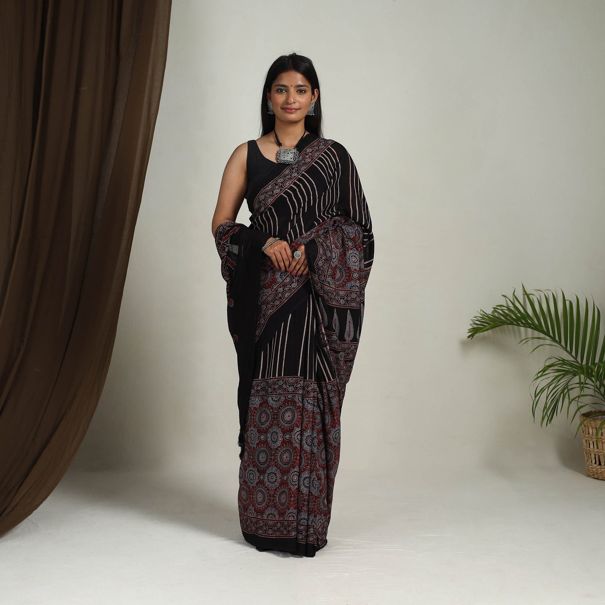 Black - Mul Cotton Block Print Ajrakh Saree 09
