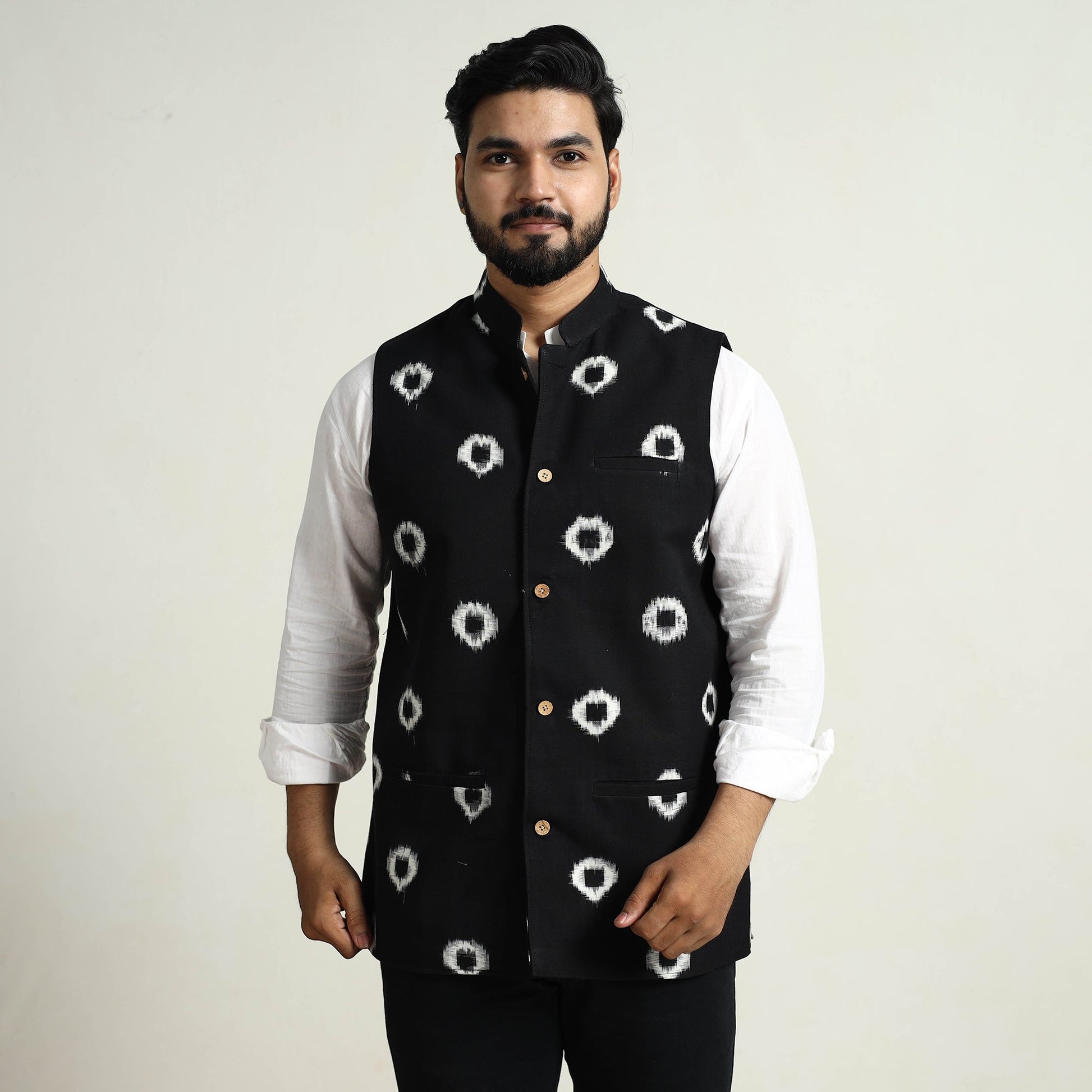 Black - Pochampally Double Ikat Handloom Cotton Men Nehru Jacket 07