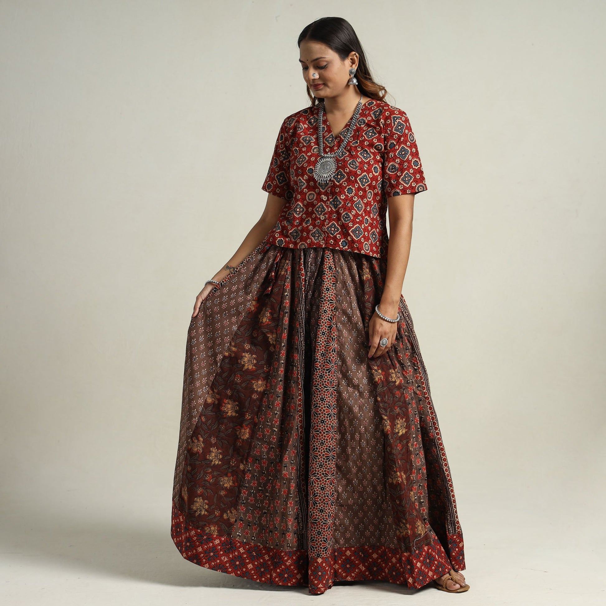 Brown - Ajrakh Block Printed 24 Kali Patchwork Cotton Long Skirt 06