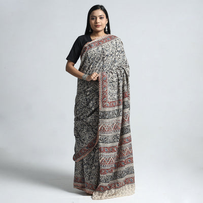 Black - Pedana Block Print Cotton Kalamkari Saree