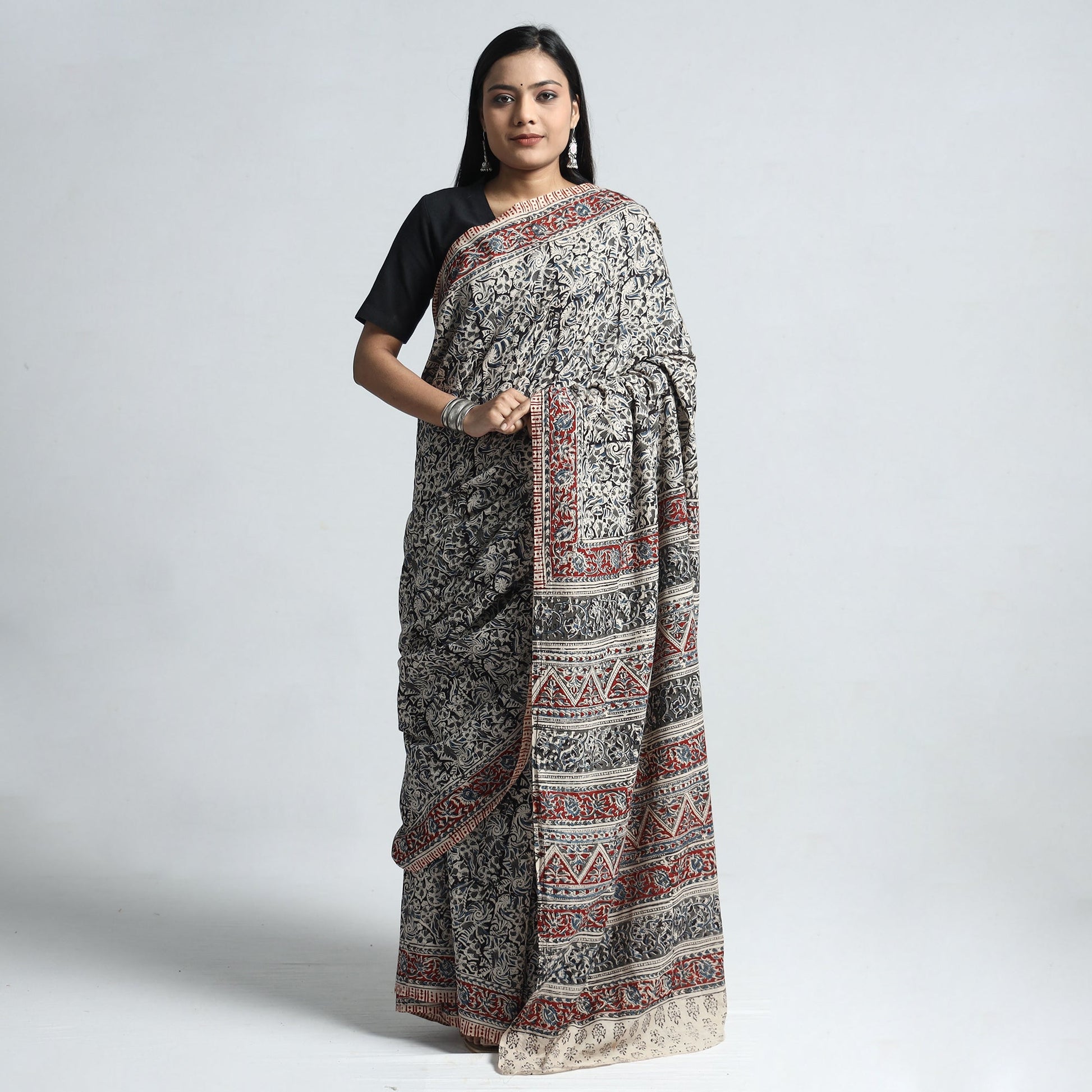 Black - Pedana Block Print Cotton Kalamkari Saree