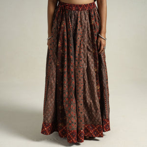 Brown - Ajrakh Block Printed 24 Kali Patchwork Cotton Long Skirt 06