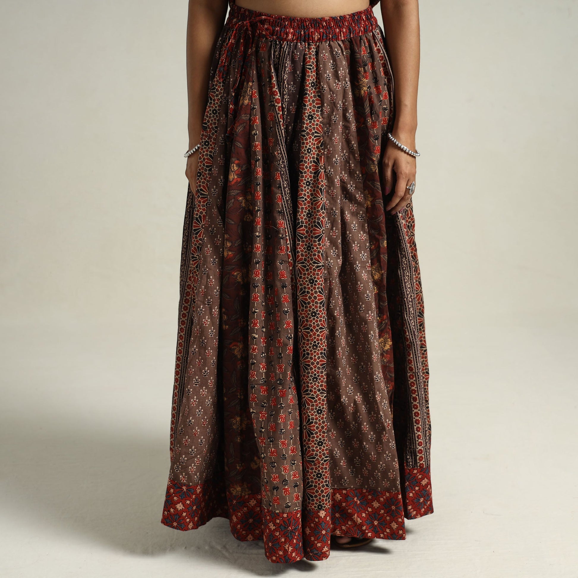 Brown - Ajrakh Block Printed 24 Kali Patchwork Cotton Long Skirt 06