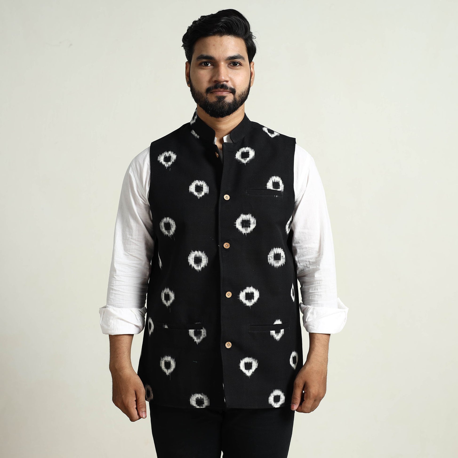 Black - Pochampally Double Ikat Handloom Cotton Men Nehru Jacket 07
