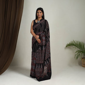 Black - Mul Cotton Block Print Ajrakh Saree 09