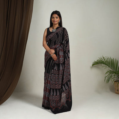 Black - Mul Cotton Block Print Ajrakh Saree 09