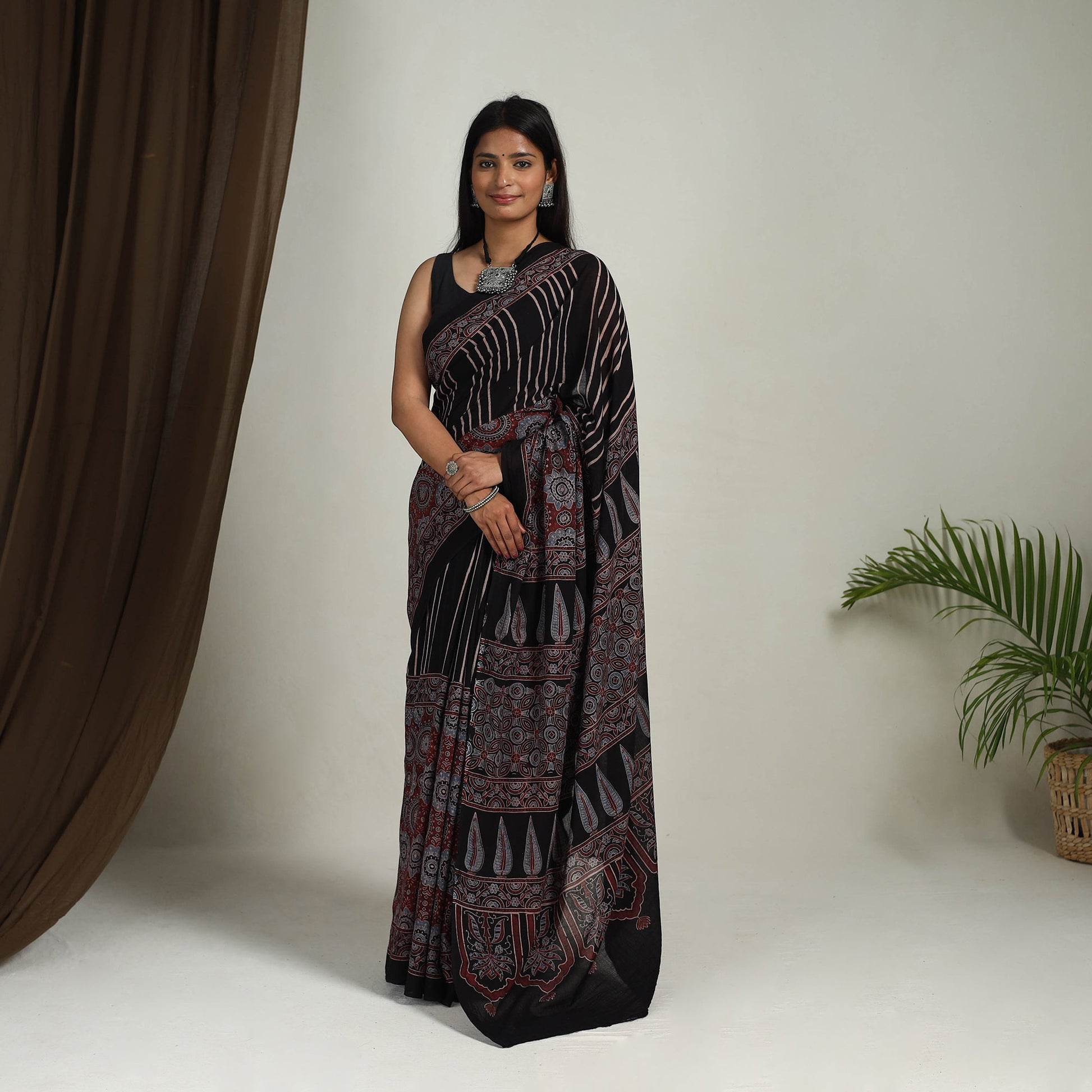 Black - Mul Cotton Block Print Ajrakh Saree 09